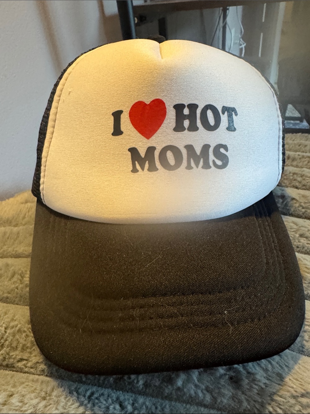 I Heart Hot Moms Trucker Hat - Black & White with Red Accent